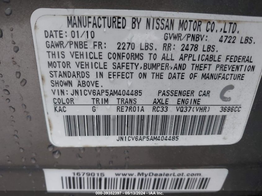 2010 Infiniti G37 Journey VIN: JN1CV6AP5AM404485 Lot: 39352397