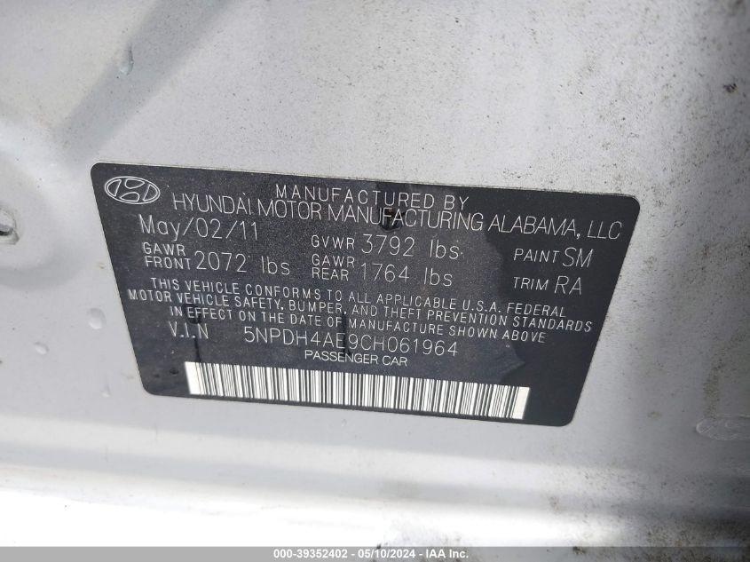 2012 Hyundai Elantra Gls VIN: 5NPDH4AE9CH061964 Lot: 39352402