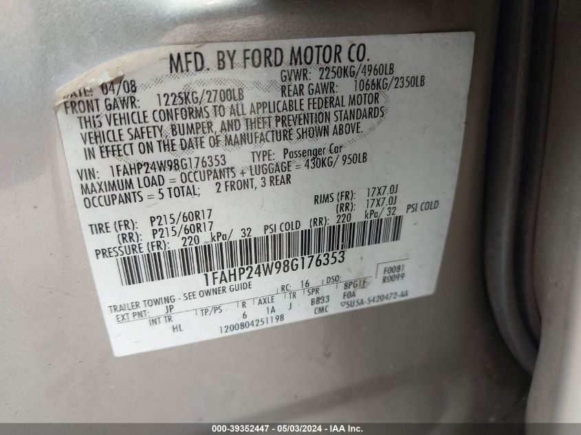2008 Ford Taurus Sel VIN: 1FAHP24W98G176353 Lot: 42137467