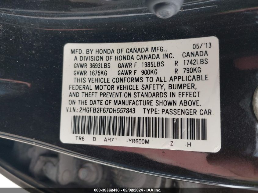 2013 Honda Civic Hf VIN: 2HGFB2F67DH557843 Lot: 39352458