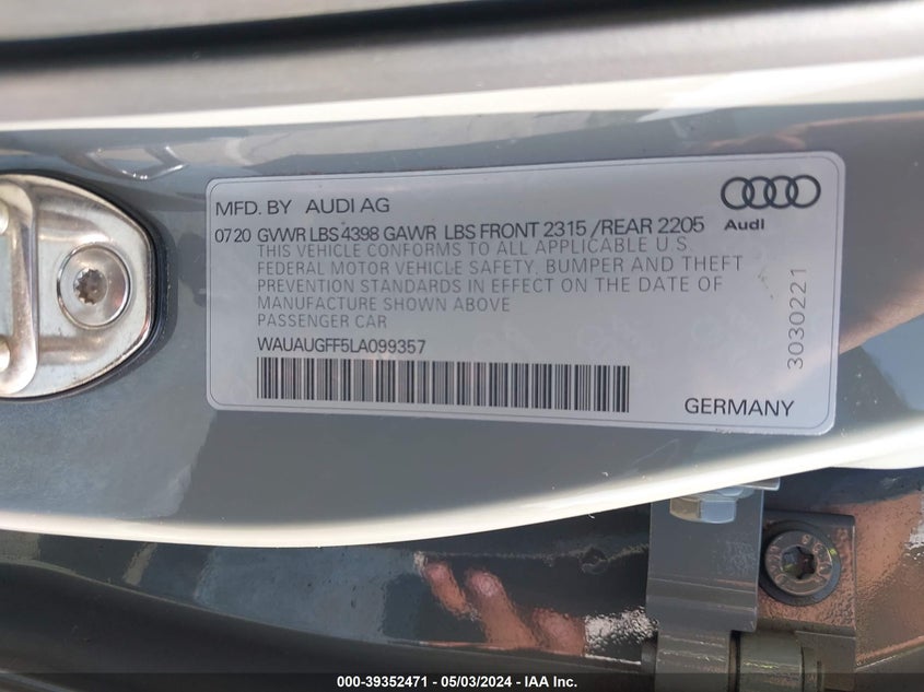 VIN WAUAUGFF5LA099357 2020 AUDI A3 PREMIUM 40 TFSI FRONT-WHEEL DRIVE S TRONIC