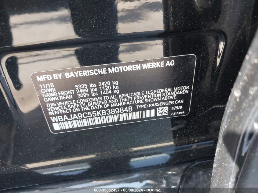 2019 BMW 530E Iperformance VIN: WBAJA9C55KB389848 Lot: 39352497
