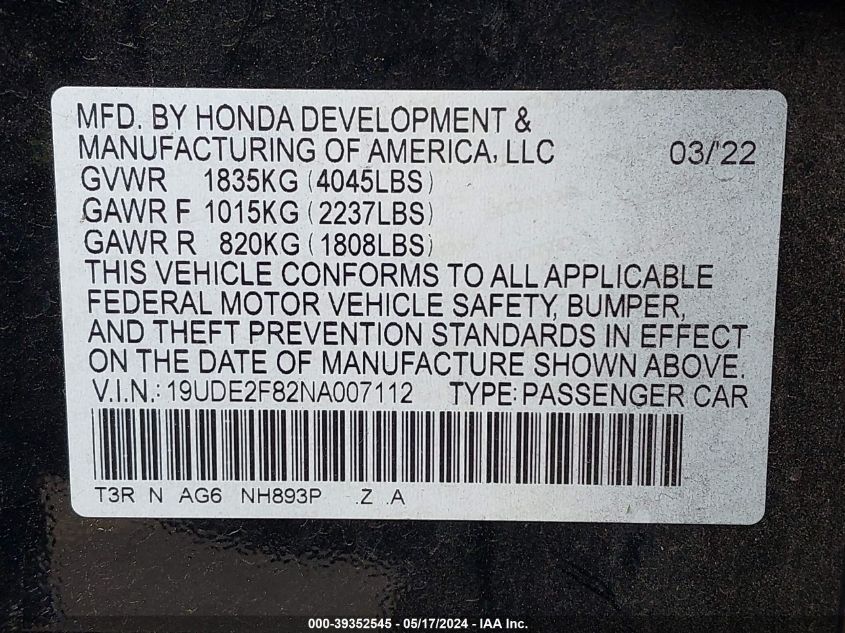 2022 Acura Ilx Premium A-Spec Packages/Technology A-Spec Packages VIN: 19UDE2F82NA007112 Lot: 39352545