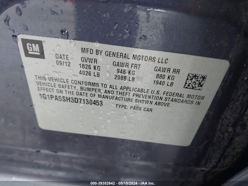 2013 Chevrolet Cruze Ls Auto VIN: 1G1PA5SH3D7130453 Lot: 39352642