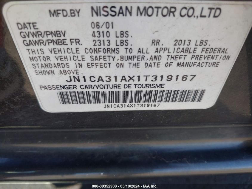 2001 Nissan Maxima Se VIN: JN1CA31AX1T319167 Lot: 39352988