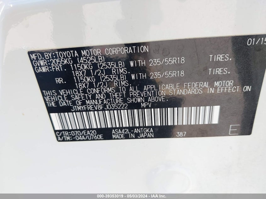 2015 TOYOTA RAV4 LIMITED - JTMYFREV8FJ035222