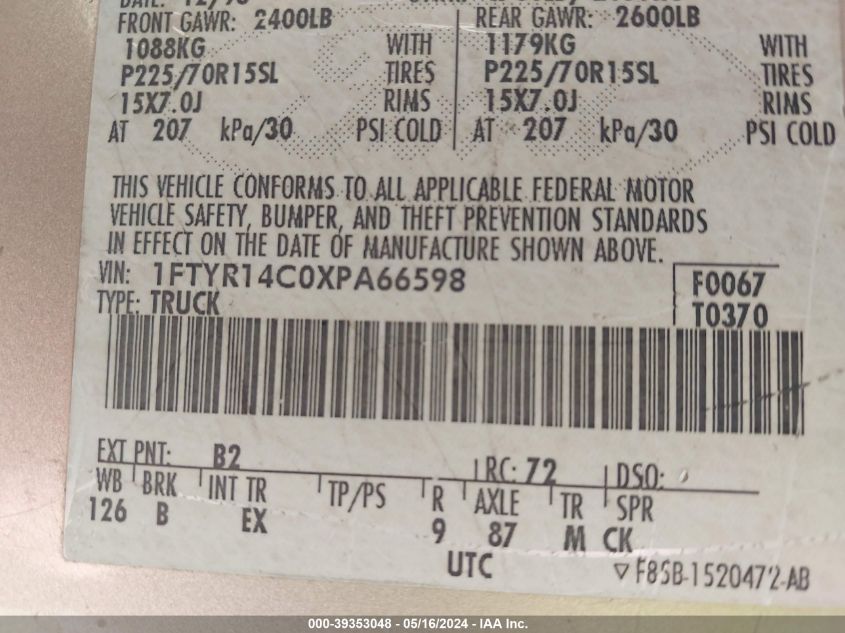 1999 Ford Ranger Xl/Xlt VIN: 1FTYR14C0XPA66598 Lot: 39353048