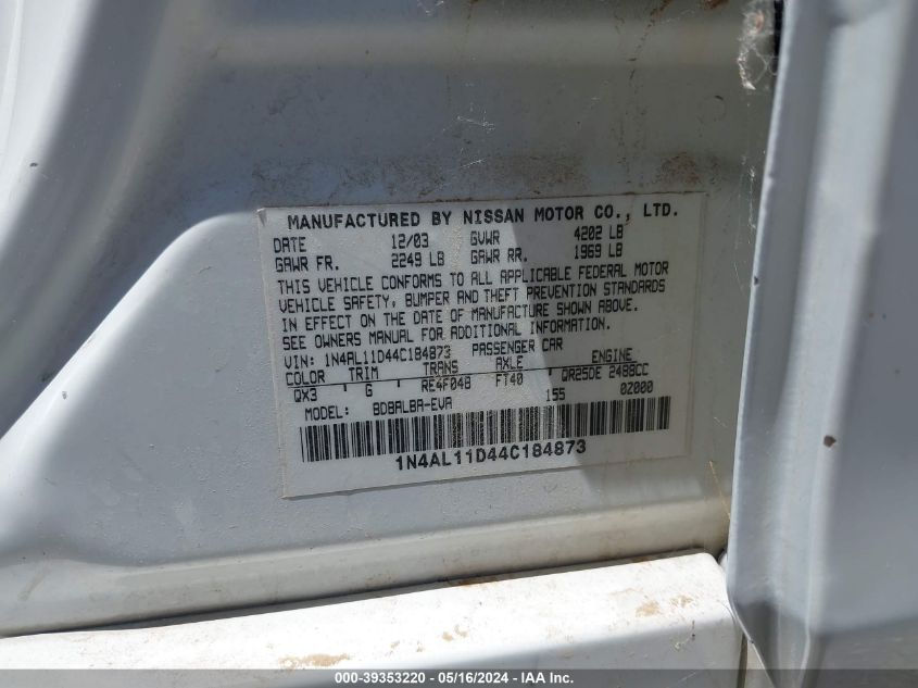 2004 Nissan Altima 2.5 S VIN: 1N4AL11D44C184873 Lot: 39353220
