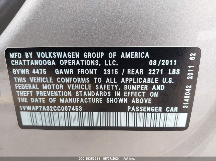 2012 Volkswagen Passat 2.5L S VIN: 1VWAP7A32CC007453 Lot: 39353241