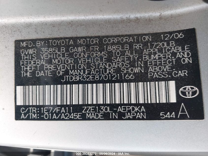 2007 Toyota Corolla Ce VIN: JTDBR32E870121166 Lot: 39353270