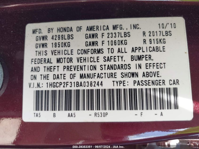 2011 Honda Accord 2.4 Lx VIN: 1HGCP2F31BA038244 Lot: 39353351