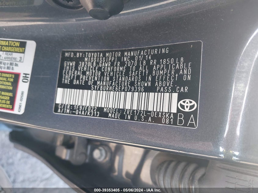 2014 TOYOTA COROLLA L/LE/LE PLS/PRM/S/S PLS - 5YFBURHE6EP079396