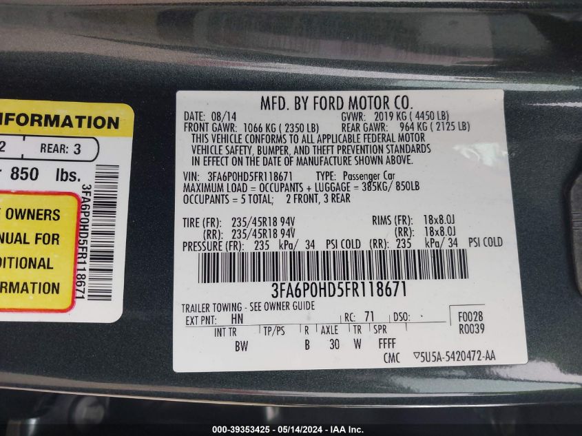 2015 FORD FUSION SE - 3FA6P0HD5FR118671