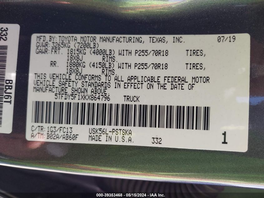 2019 Toyota Tundra Sr5 5.7L V8 VIN: 5TFDY5F1XKX864796 Lot: 39353468