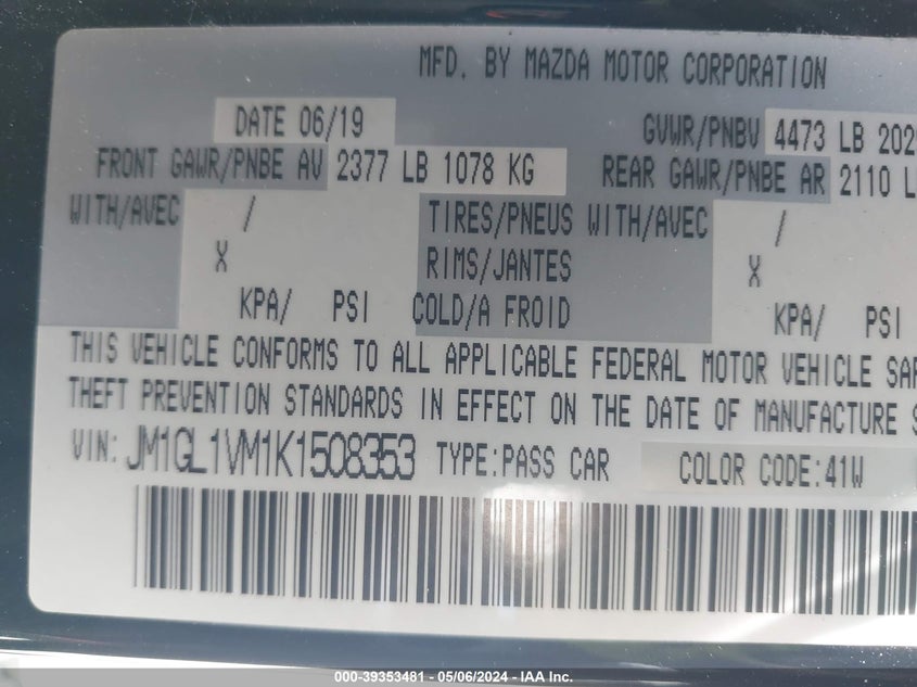 2019 MAZDA MAZDA6 TOURING - JM1GL1VM1K1508353