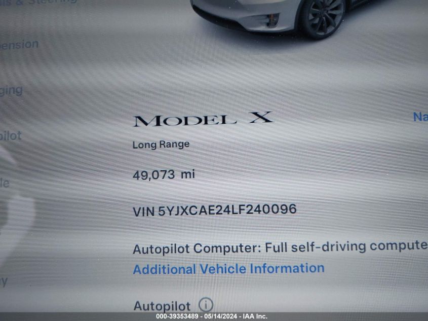 2020 Tesla Model X Long Range Dual Motor All-Wheel Drive/Long Range Plus Dual Motor All-Wheel Drive VIN: 5YJXCAE24LF240096 Lot: 39353489