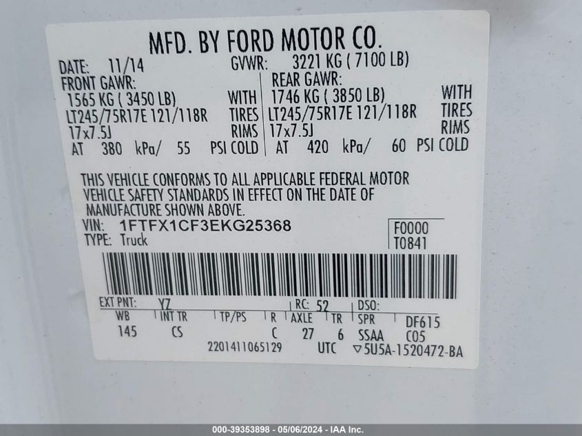 2014 Ford F-150 Xl VIN: 1FTFX1CF3EKG25368 Lot: 39353898