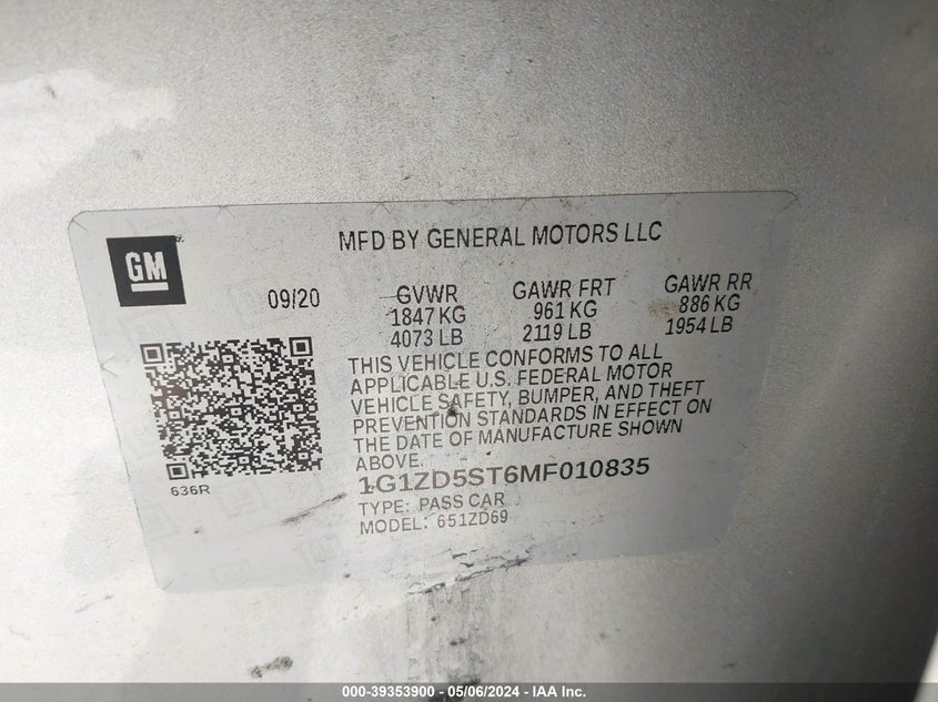 2021 CHEVROLET MALIBU VIN: 1G1ZD5ST6MF010835