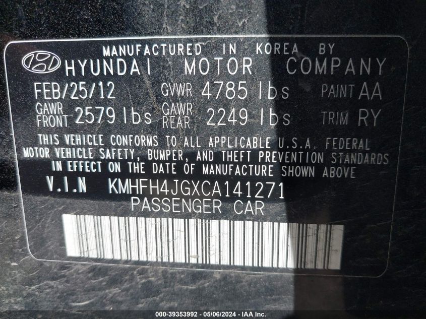 2012 Hyundai Azera VIN: KMHFH4JGXCA141271 Lot: 39353992