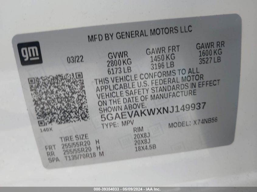 2022 Buick Enclave Awd Essence VIN: 5GAEVAKWXNJ149937 Lot: 39354033