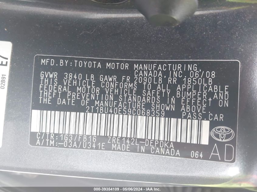 2T1BU40E59C068359 | 2009 TOYOTA COROLLA