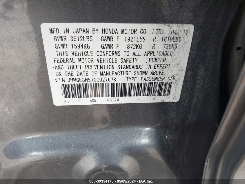 2012 Honda Fit Sport VIN: JHMGE8H57CC027678 Lot: 39354178