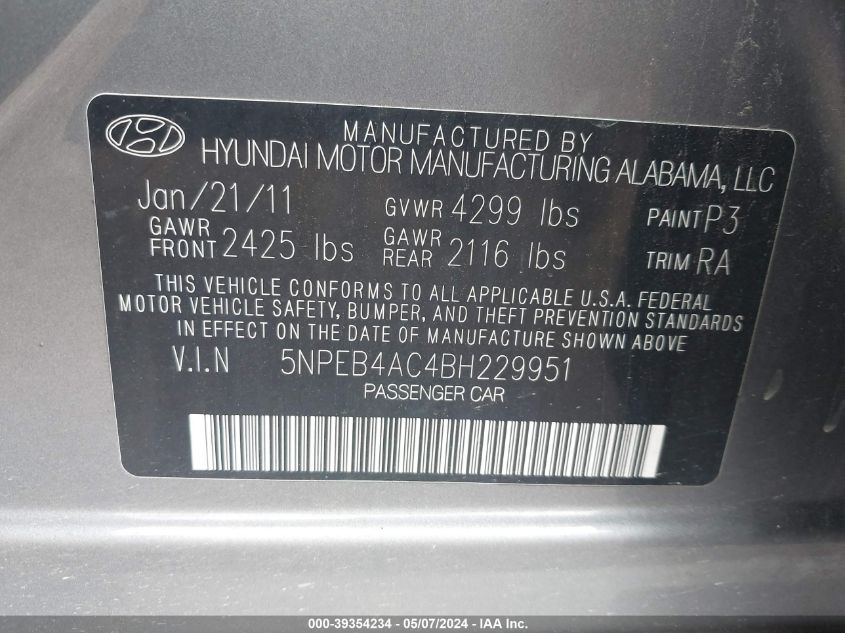 2011 Hyundai Sonata Gls VIN: 5NPEB4AC4BH229951 Lot: 39354234