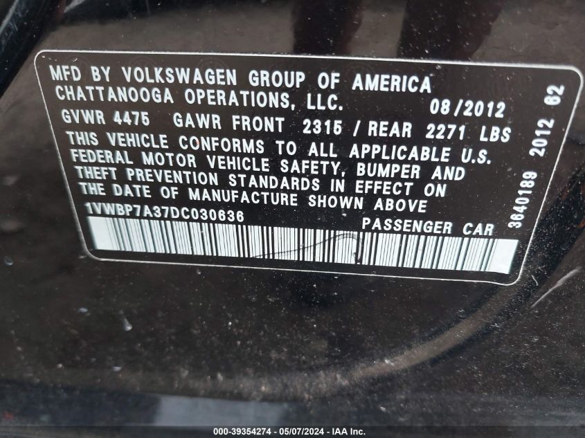 2013 Volkswagen Passat 2.5L Se VIN: 1VWBP7A37DC030636 Lot: 39354274