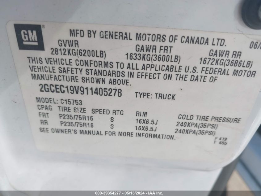 2001 Chevrolet Silverado 1500 VIN: 2GCEC19V911405278 Lot: 39354277