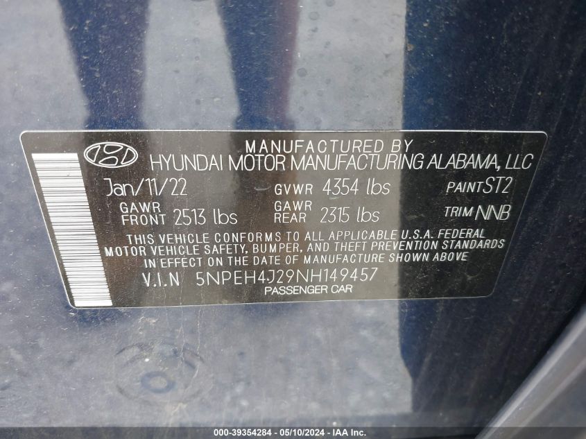 2022 Hyundai Sonata Limited VIN: 5NPEH4J29NH149457 Lot: 39354284