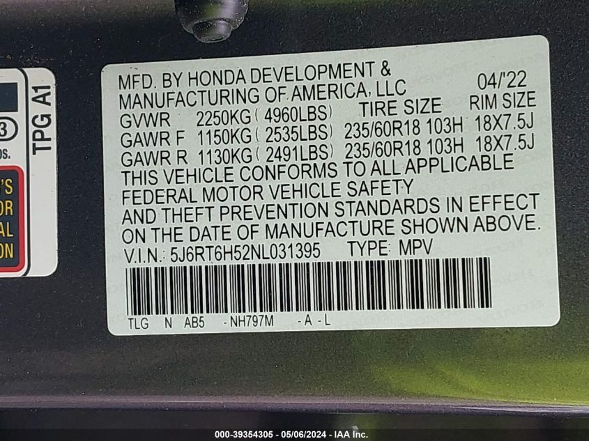 2022 Honda Cr-V Hybrid Ex VIN: 5J6RT6H52NL031395 Lot: 39354305