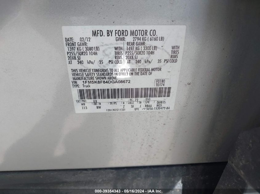 2013 Ford Explorer Limited VIN: 1FM5K8F84DGA08672 Lot: 39354343