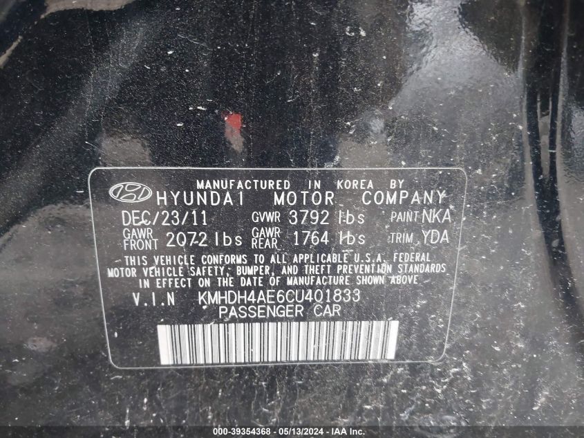 2012 Hyundai Elantra Gls (Ulsan Plant) VIN: KMHDH4AE6CU401833 Lot: 39354368