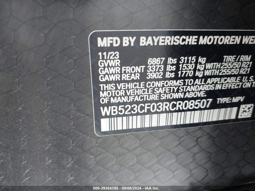 2024 BMW Ix xDrive50 VIN: WB523CF03RCR08507 Lot: 39354395