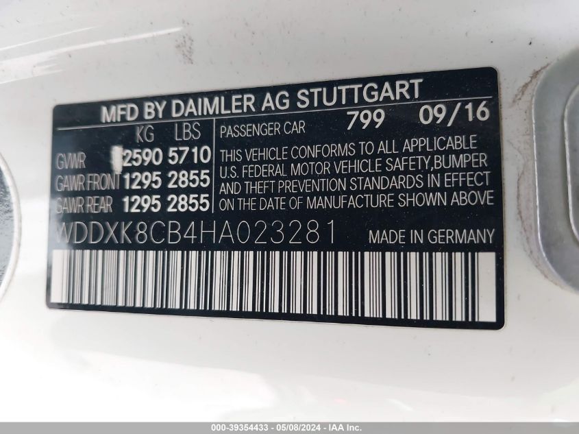 2017 MERCEDES-BENZ S 550 WDDXK8CB4HA023281