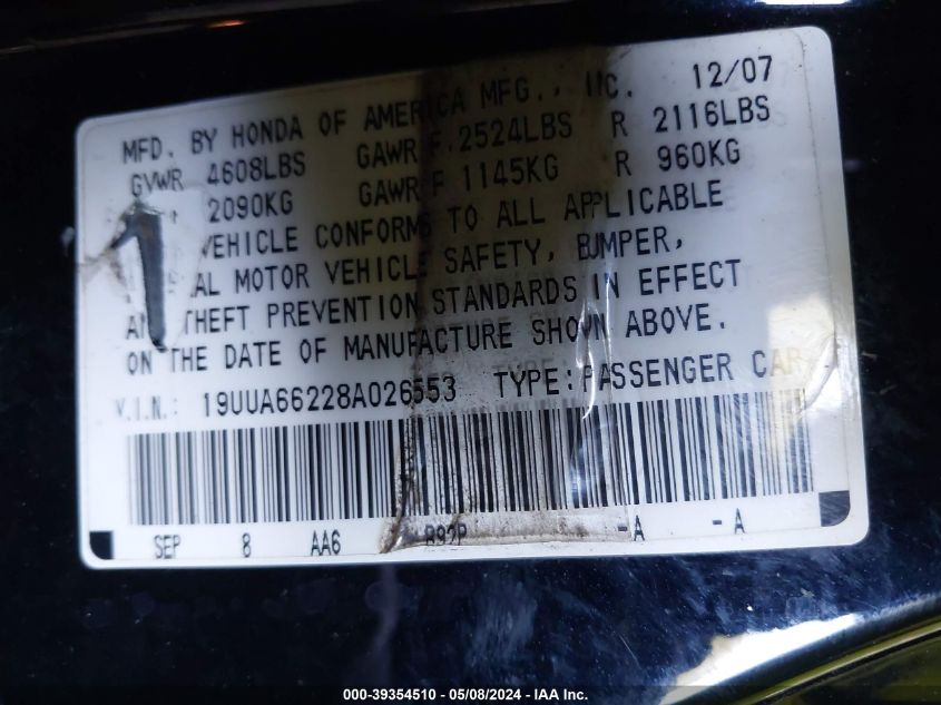 2008 Acura Tl 3.2 VIN: 19UUA66228A026553 Lot: 39354510