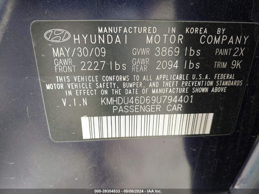 2009 Hyundai Elantra Gls VIN: KMHDU46D69U794401 Lot: 39354533