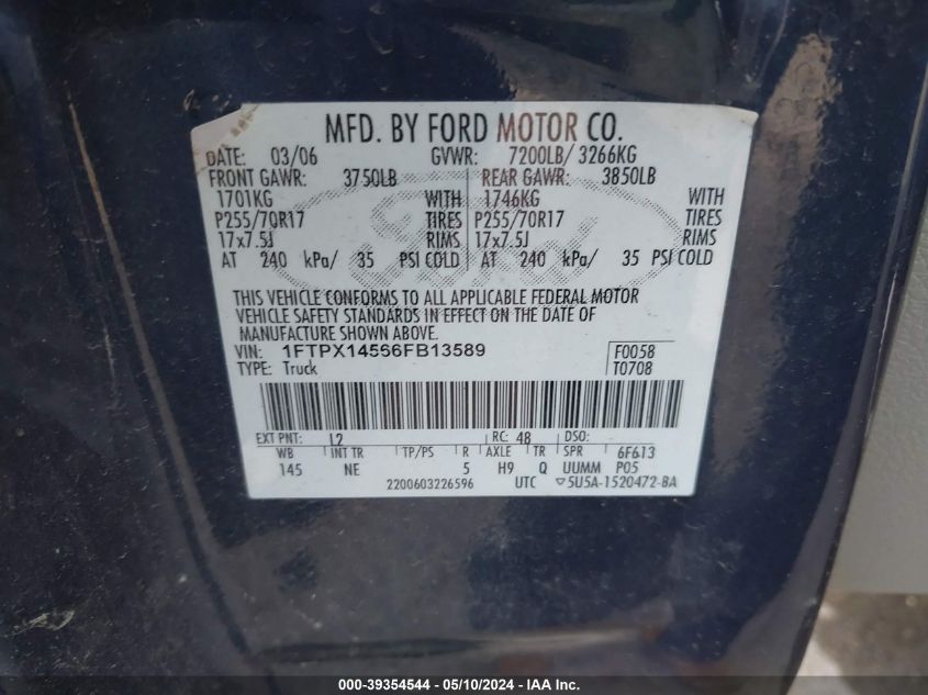 2006 Ford F-150 Fx4/Lariat/Xl/Xlt VIN: 1FTPX14566FB13589 Lot: 39354544