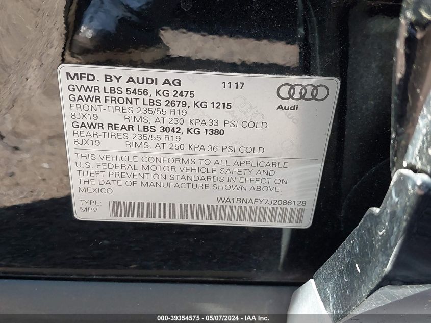 2018 Audi Q5 2.0T Premium/2.0T Tech Premium VIN: WA1BNAFY7J2086128 Lot: 39354575