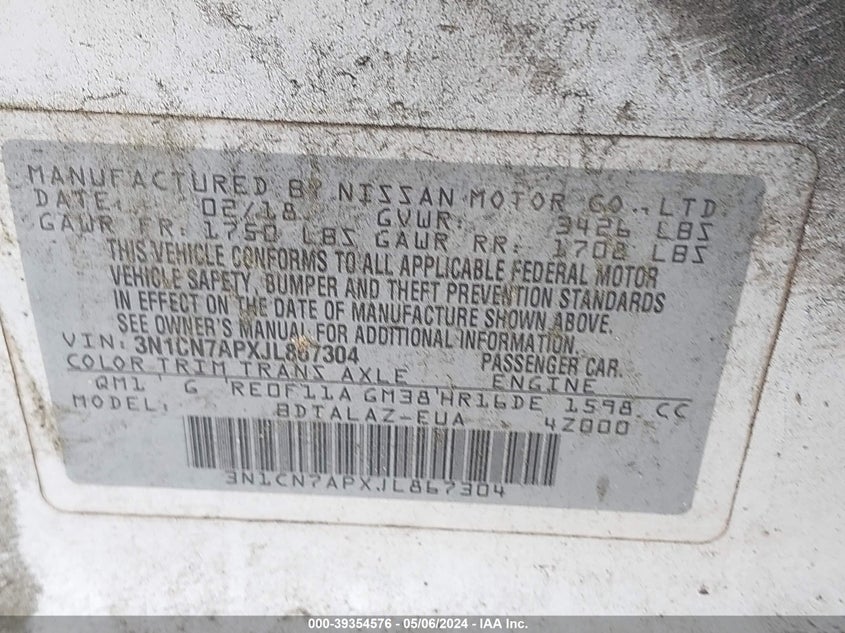 2018 NISSAN VERSA S/S PLUS/SV/SL - 3N1CN7APXJL867304