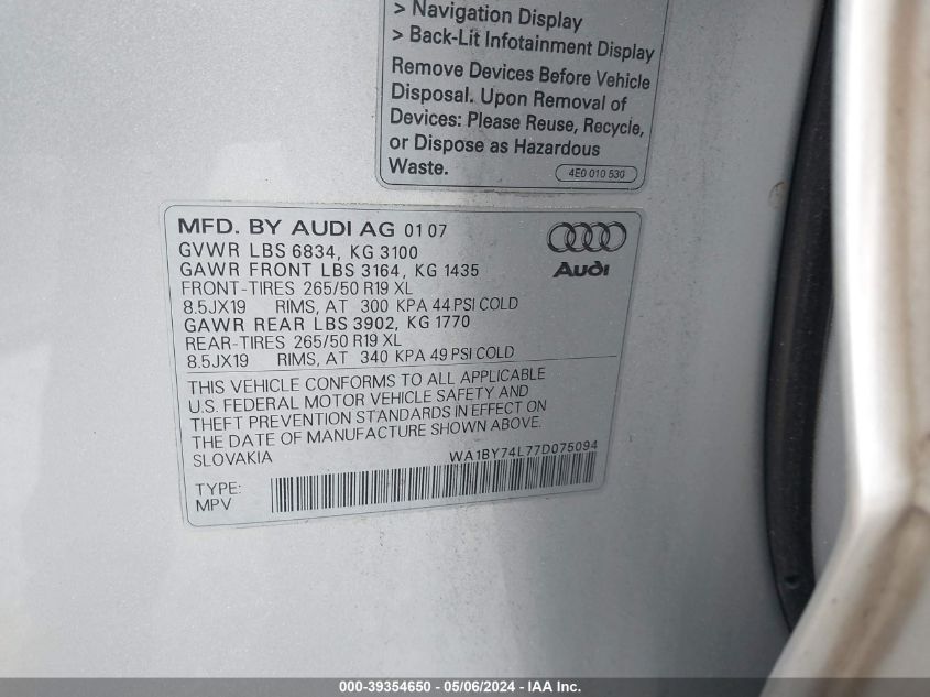 2007 Audi Q7 3.6 Premium VIN: WA1BY74L77D075094 Lot: 39354650