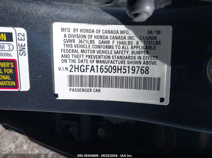 2009 Honda Civic Lx VIN: 2HGFA16509H519768 Lot: 39354809