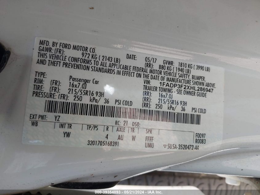 2017 Ford Focus Se VIN: 1FADP3F2XHL286947 Lot: 39354893