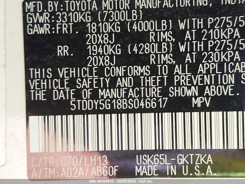 2011 Toyota Sequoia Platinum 5.7L V8 VIN: 5TDDY5G18BS046617 Lot: 39354910