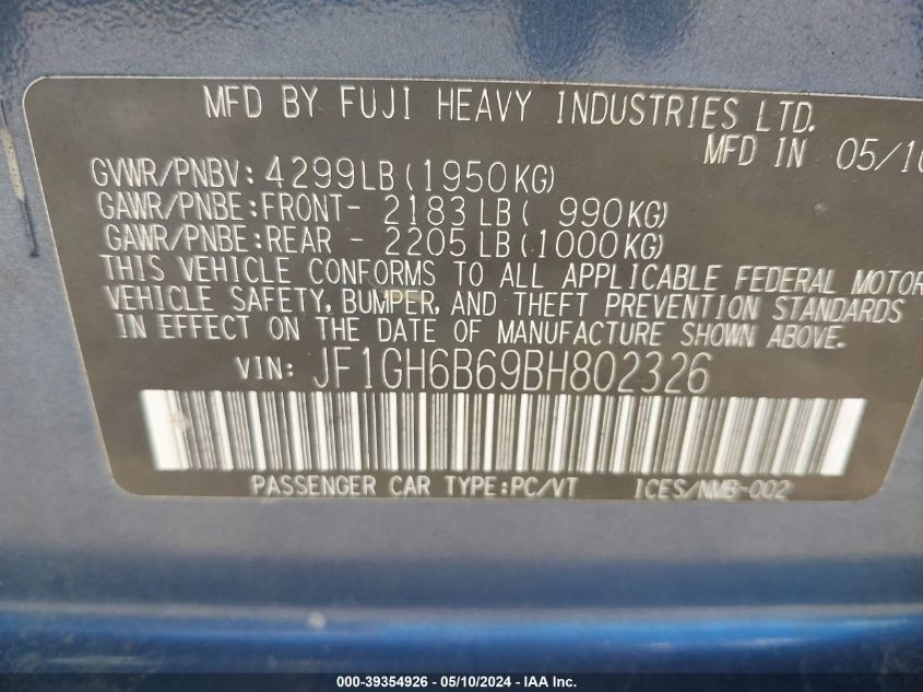 2011 Subaru Impreza 2.5I Premium VIN: JF1GH6B69BH802326 Lot: 39354926