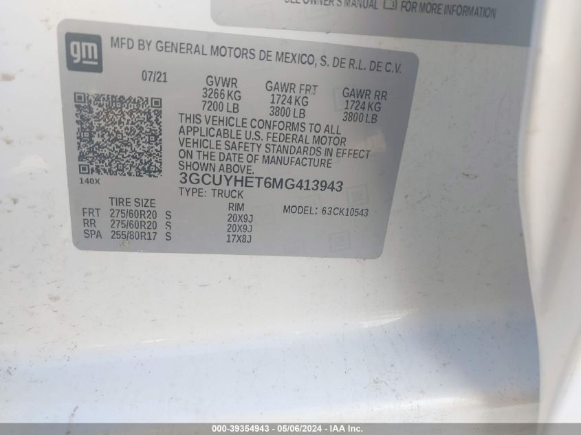 2021 Chevrolet Silverado 1500 4Wd Short Bed High Country VIN: 3GCUYHET6MG413943 Lot: 39354943