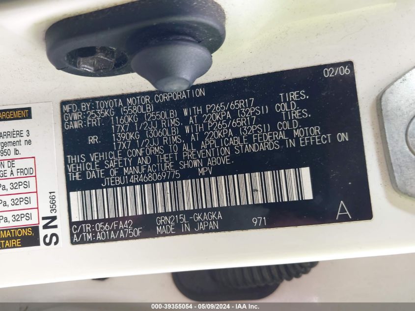 2006 Toyota 4Runner Sr5 Sport V6/Sr5 V6 VIN: JTEBU14R468069775 Lot: 39355054