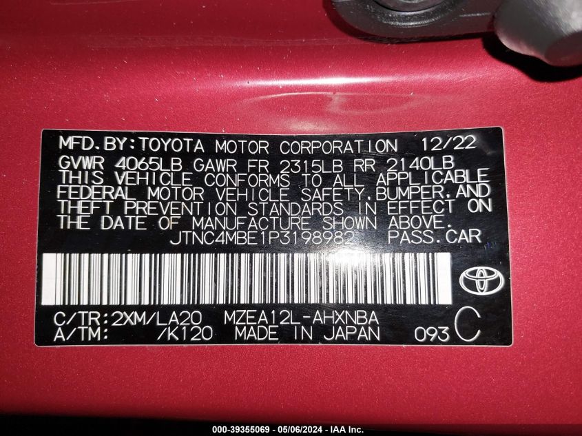 2023 Toyota Corolla Xse VIN: JTNC4MBE1P3198982 Lot: 39355069