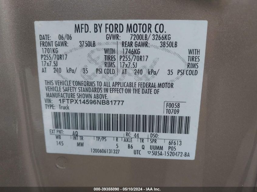 2006 Ford F-150 Fx4/Lariat/Xl/Xlt VIN: 1FTPX14596NB81777 Lot: 39355090