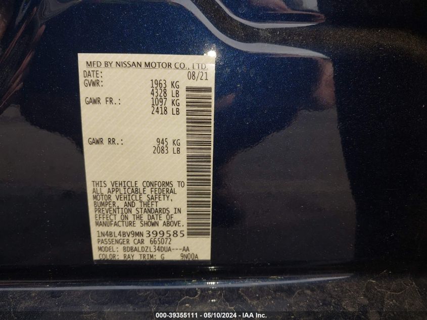 2021 Nissan Altima S Fwd VIN: 1N4BL4BV9MN399585 Lot: 39355111